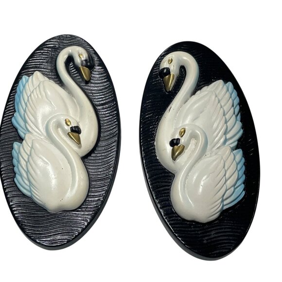 Miller Studios Chalkware Swan Plaques Black Teal 1965 MCM Mid Century Modern - Picture 1 of 5